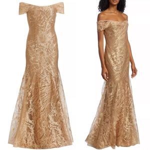 Rene Ruiz Collection Off the Shoulder Abstract Pattern Glitter Gown